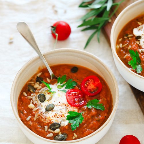 soupe froide tomates rôties burrata basilic